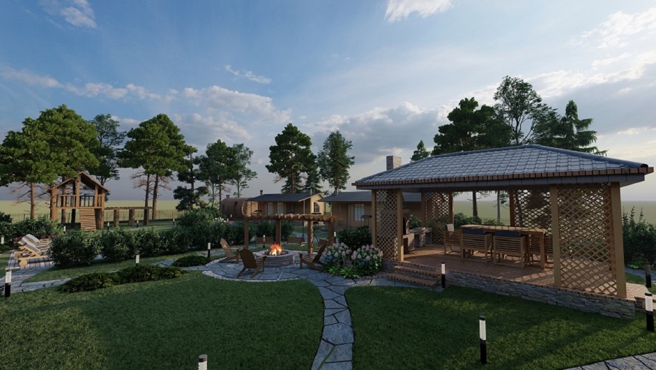 благоустройство и озеленение Проектирование ландшафта, 3д визуализация, газон, площадка для отдыха